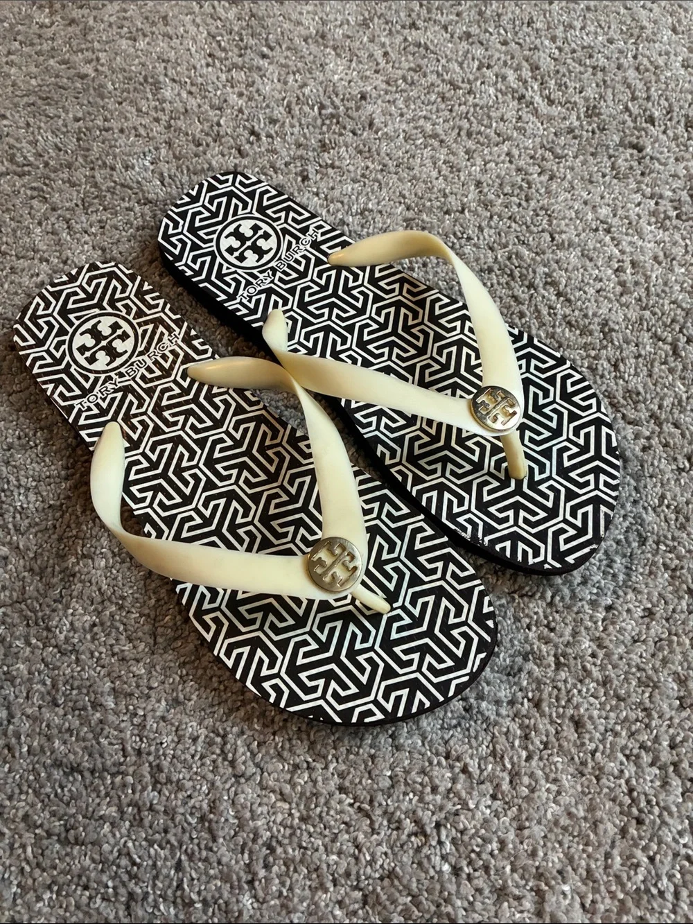 Tory Burch Black & Cream Geometric Logo Flip Flops